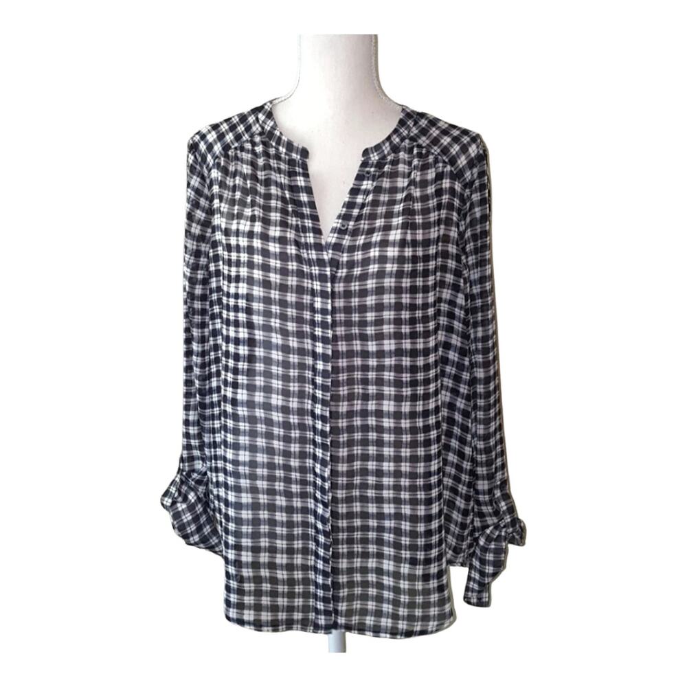 PHILOSOPHY Plaid Button Down Blouse Black Blue White Shirt Top Size L Casual